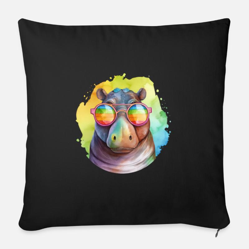 Hippopotame cool coloré avec des lunettes de soleil - Coussin et housse de 45 x 45 cm - noir