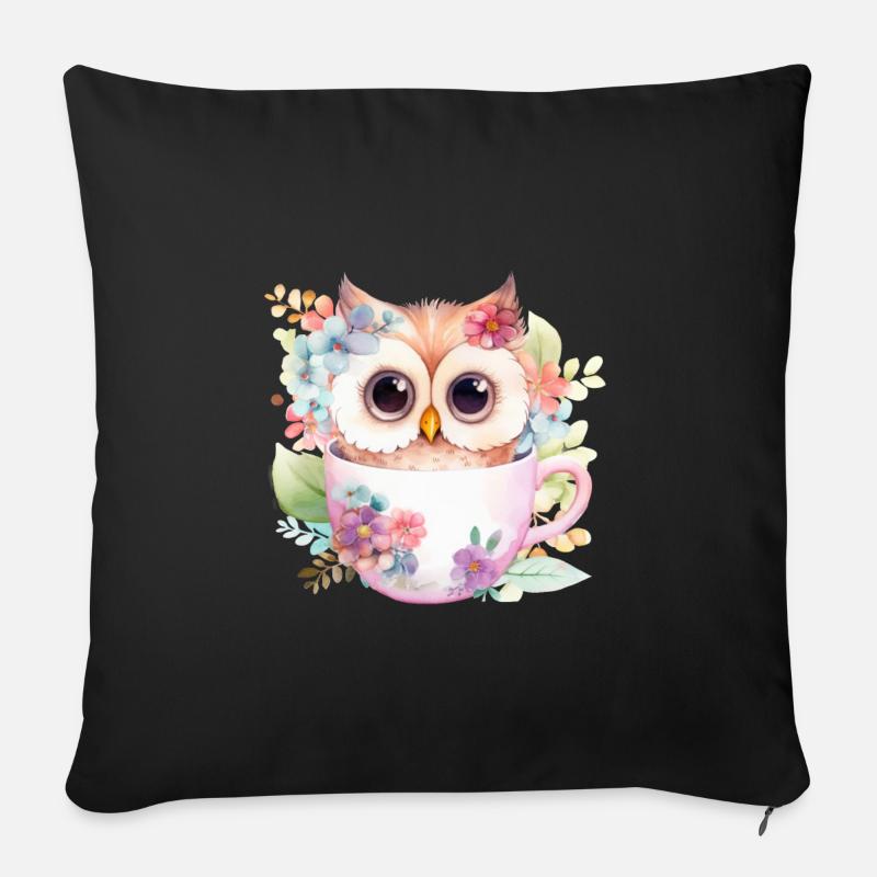 Hibou mignon dans une tasse avec des fleurs - Coussin et housse de 45 x 45 cm - noir