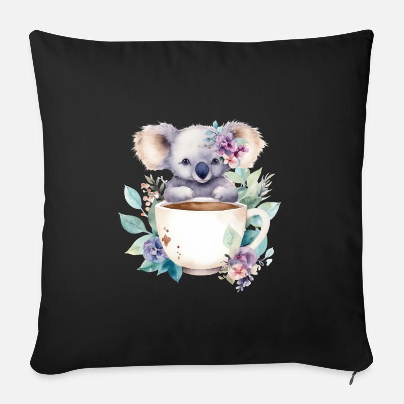 Niedlicher Koala mit Blumen in einer Tasse - Sofakissen mit Füllung 45 x 45 cm - Schwarz