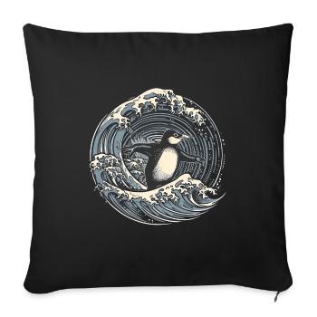 Penguin surfing on wave - Sofa pillow with filling 45cm x 45cm - black - Front