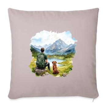 Homme avec chien Randonnée Montagnes en plein air Lac - Coussin et housse de 45 x 45 cm - taupe clair - Devant