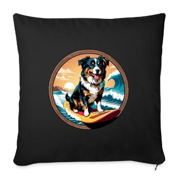 Australian Shepherd Dog Surfing - Sofa pillow with filling 45cm x 45cm - black - Front