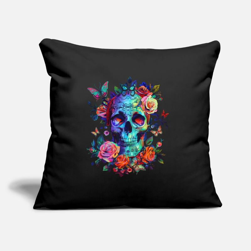 Crâne avec fleurs et papillon Coussin et housse de 45 x 45 cm
