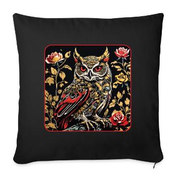 Hibou avec des vrilles de pétales de rose en aspect gravure sur bois - Coussin et housse de 45 x 45 cm - noir - Devant