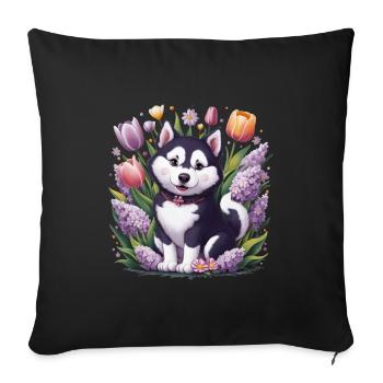 Dessin animé Husky avec des tulipes, lilas pour les fans de husky - Coussin et housse de 45 x 45 cm - noir - Devant