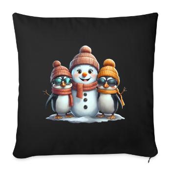 Amis de l’hiver : Pingouins et bonhomme de neige - Coussin et housse de 45 x 45 cm - noir - Devant