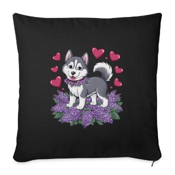 Cute cartoon husky with lilac - Sofa pillow with filling 45cm x 45cm - black - Front