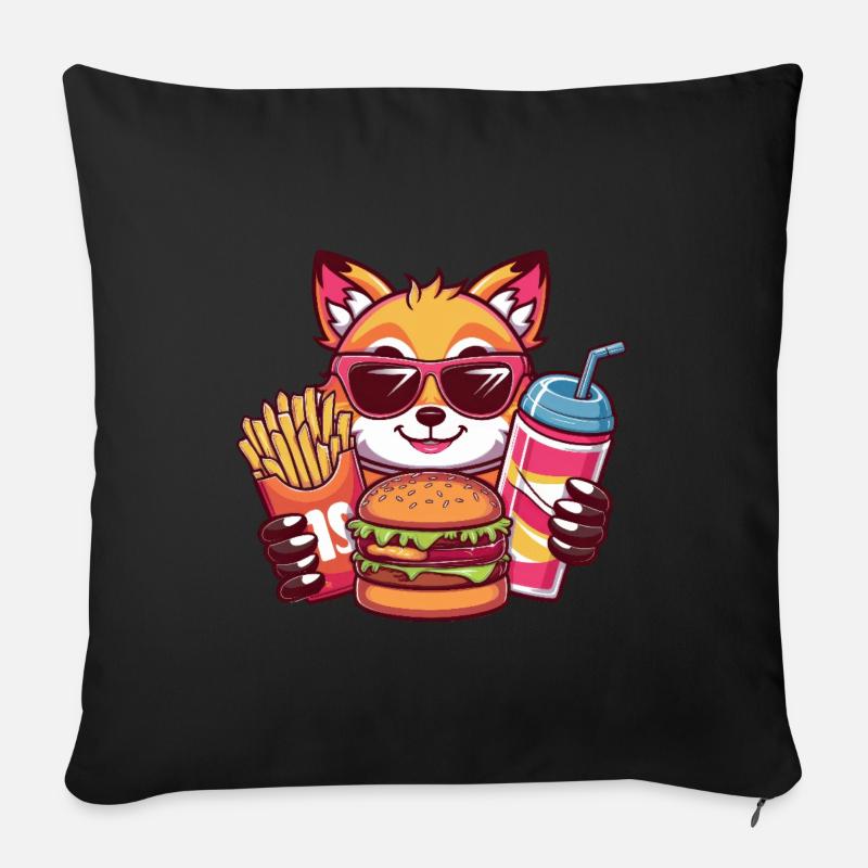 Le renard kawaii adore la restauration rapide - Coussin et housse de 45 x 45 cm - noir