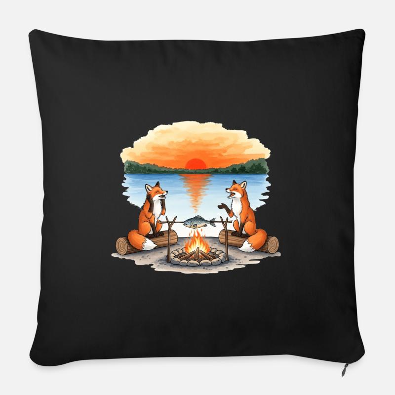 Feu de camp Fox au coucher du soleil au bord du lac - Coussin et housse de 45 x 45 cm - noir