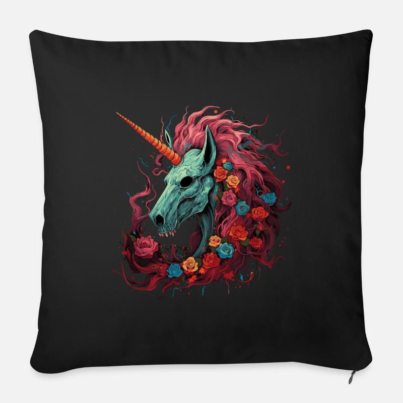 Licorne effrayante et fleurs - Coussin et housse de 45 x 45 cm - noir