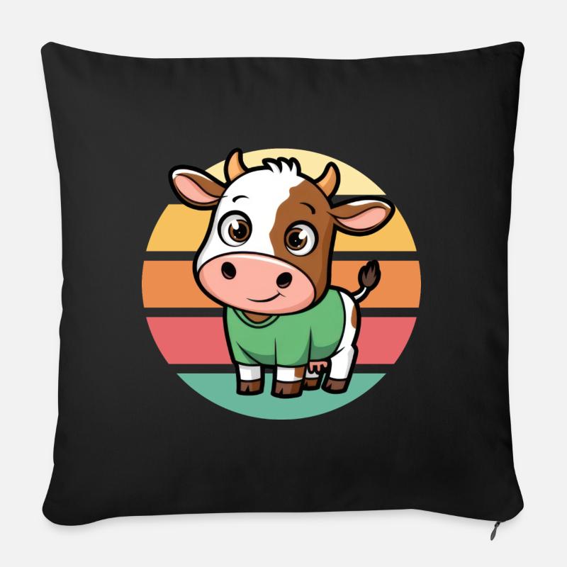 Mignon Dessin Animé Vache Vintage Coucher de soleil - Coussin et housse de 45 x 45 cm - noir