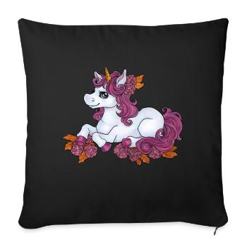 Niedliches Einhorn Kawaii mit Blumen Rosen rosa - Sofakissen mit Füllung 45 x 45 cm - Schwarz - Vorne