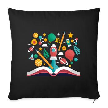 Livre ouvert avec des objets scolaires, apprendre et éduquer - Coussin et housse de 45 x 45 cm - noir - Devant