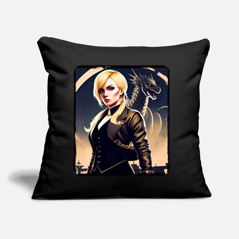 Fille blonde dans un style steampunk cool avec dragon Coussin et housse de 45 x 45 cm