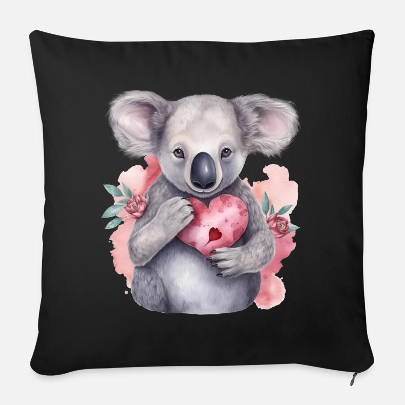 Koala mignon et mignon avec amour de cœur et de fleurs - Coussin et housse de 45 x 45 cm - noir