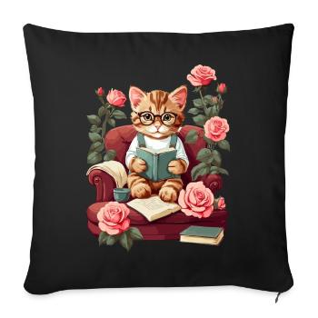 Chat intelligent mignon avec des lunettes de lecture - Coussin et housse de 45 x 45 cm - noir - Devant