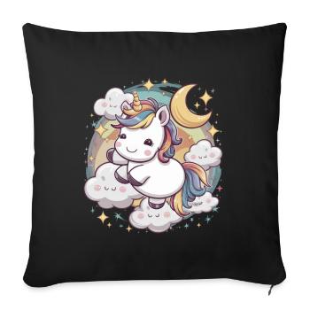 Kawaii Einhorn mit Wolken, Mond und Sternen - Sofakissen mit Füllung 45 x 45 cm - Schwarz - Vorne