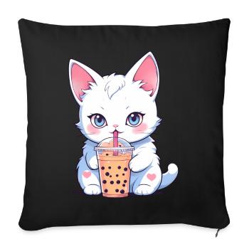 Chat mignon buvant un bubble tea - Coussin et housse de 45 x 45 cm - noir - Devant