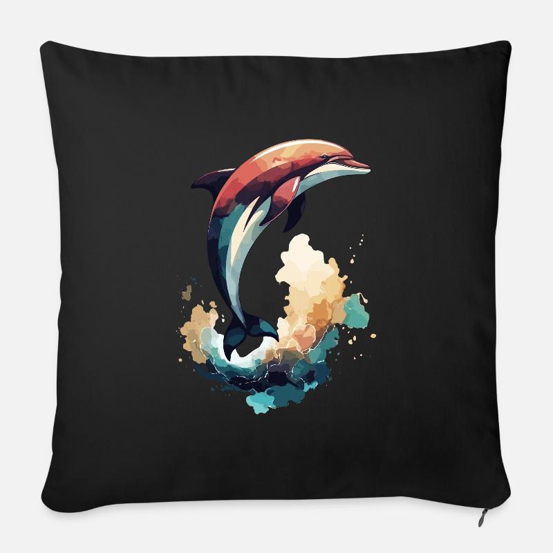 Art de l’aquarelle de dauphin - Saut élégant dans la mer - Coussin et housse de 45 x 45 cm - noir