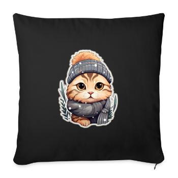 Chat avec chapeau, écharpe, veste et flocons de neige - Coussin et housse de 45 x 45 cm - noir - Devant