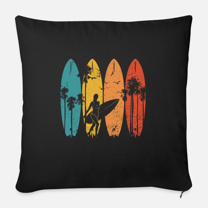 Surfeuse Palmiers Plages Planches Surf - Coussin et housse de 45 x 45 cm - noir