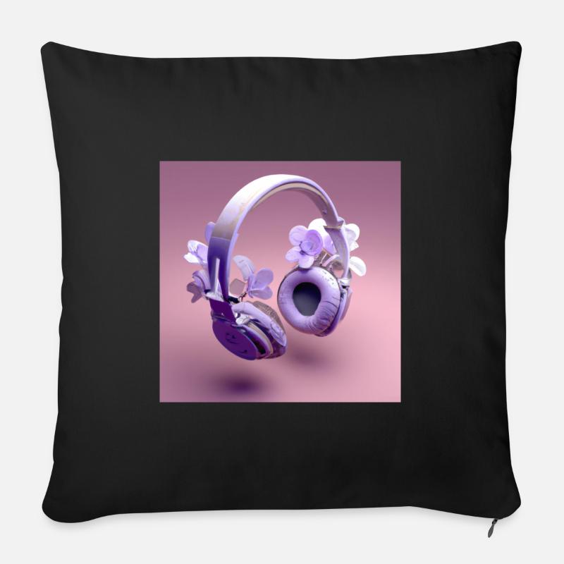 casque audio violet avec des fleurs - Coussin et housse de 45 x 45 cm - noir