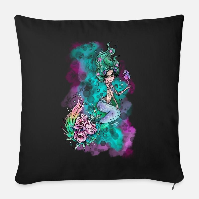 La sirène d'art d'Elfi avec des fleurs - Coussin et housse de 45 x 45 cm - noir