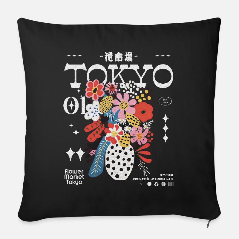 Marché aux fleurs de Tokyo - Coussin et housse de 45 x 45 cm - noir