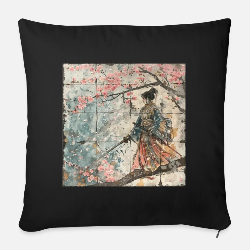 Japanisch, Samurai, Kirschblüte, Kunst, Ukiyo-E - Sofakissen mit Füllung 45 x 45 cm - Schwarz