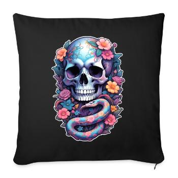 Totenschädel bunte Schlange, Blumen, Farbe - Sofakissen mit Füllung 45 x 45 cm - Schwarz - Vorne
