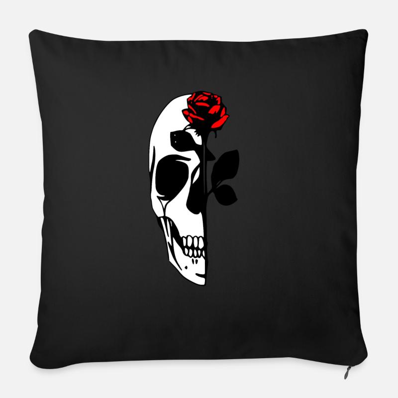 Demi crâne avec rose rouge - Coussin et housse de 45 x 45 cm - noir