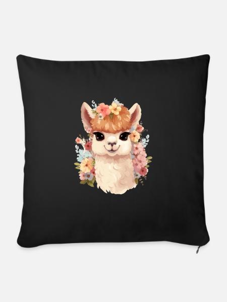Alpaka mit Blumen - Sofakissen mit Füllung 45 x 45 cm - Schwarz