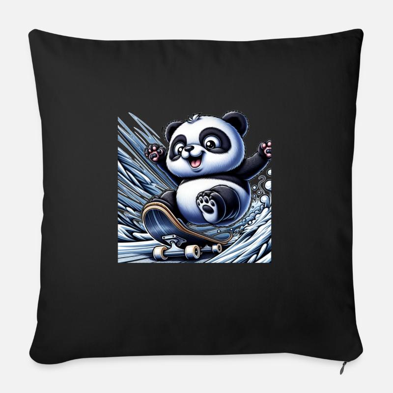 Panda patineur mignon - Coussin et housse de 45 x 45 cm - noir