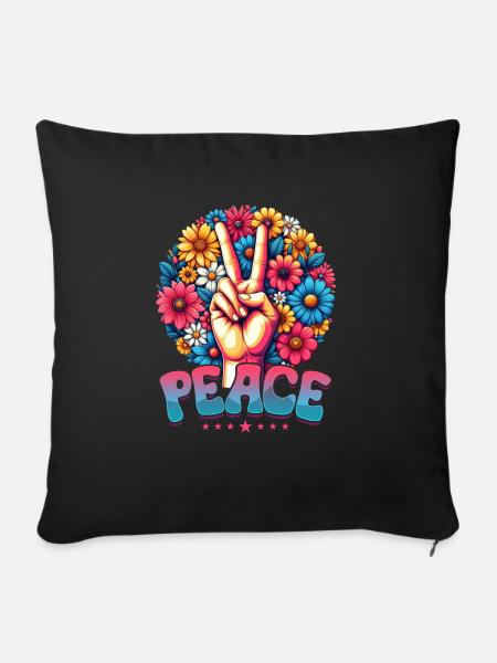 Frieden & Peace Zeichen, Blumen - Sofakissen mit Füllung 45 x 45 cm - Schwarz