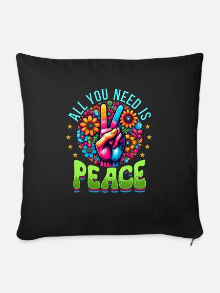 Frieden & Peace Zeichen, Blumen - Sofakissen mit Füllung 45 x 45 cm - Schwarz