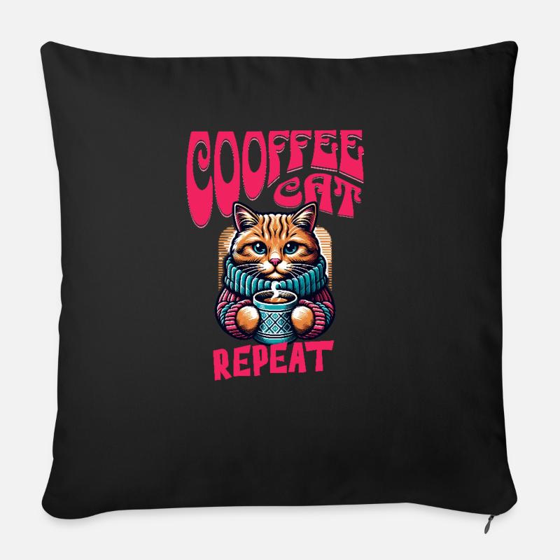 Coffee Cat Repeat – Pour les chats et les amateurs de café - Coussin et housse de 45 x 45 cm - noir