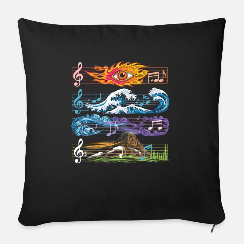 Feu, Eau, Terre, Air, Musique, Éléments - Coussin et housse de 45 x 45 cm - noir