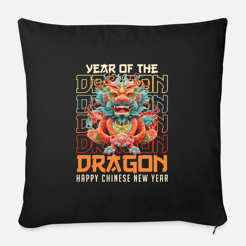 Année du Dragon Joyeux Nouvel An Chinois - Coussin et housse de 45 x 45 cm - noir