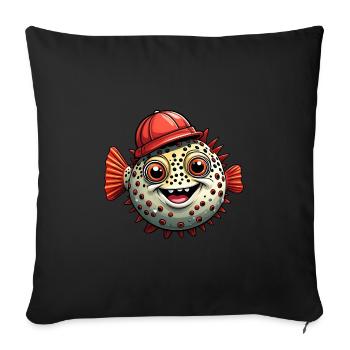 Drôle de poisson-globe avec casquette de baseball rouge - Coussin et housse de 45 x 45 cm - noir - Devant