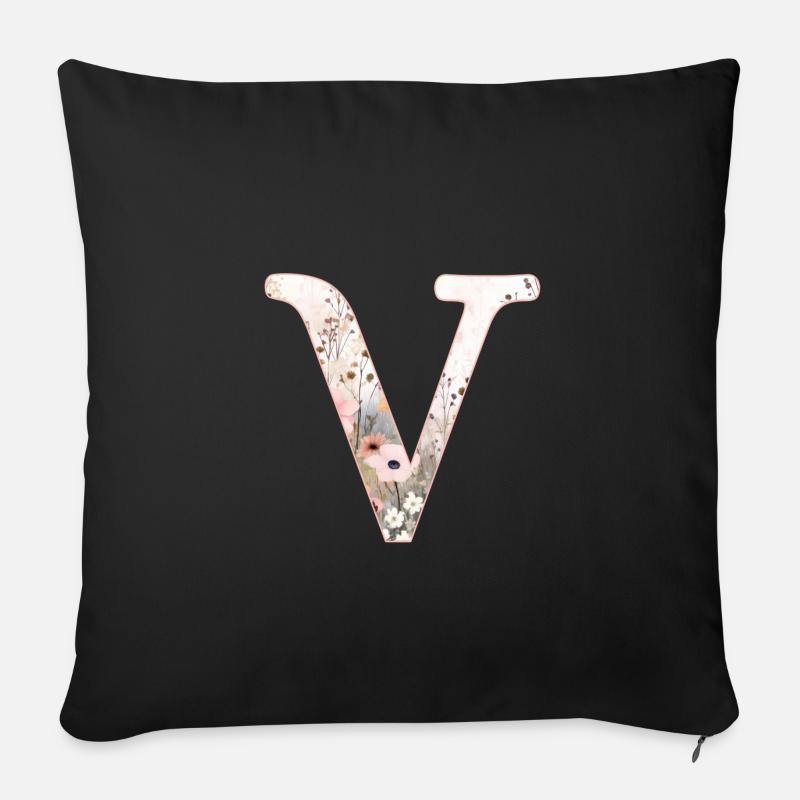 Personalisierbar Monogramm V Blumenmuster - Sofakissen mit Füllung 45 x 45 cm - Schwarz