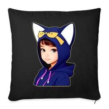 Cute Anime Manga Girl with Cat Hoodie - Sofa pillow with filling 45cm x 45cm - black - Front
