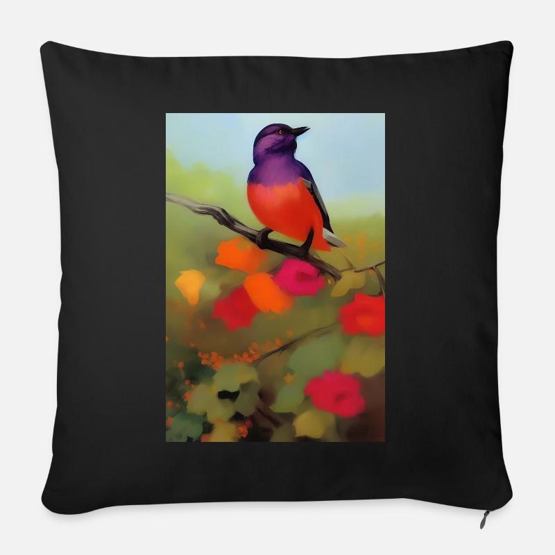 Oiseau sur branche avec des fleurs colorées - Coussin et housse de 45 x 45 cm - noir