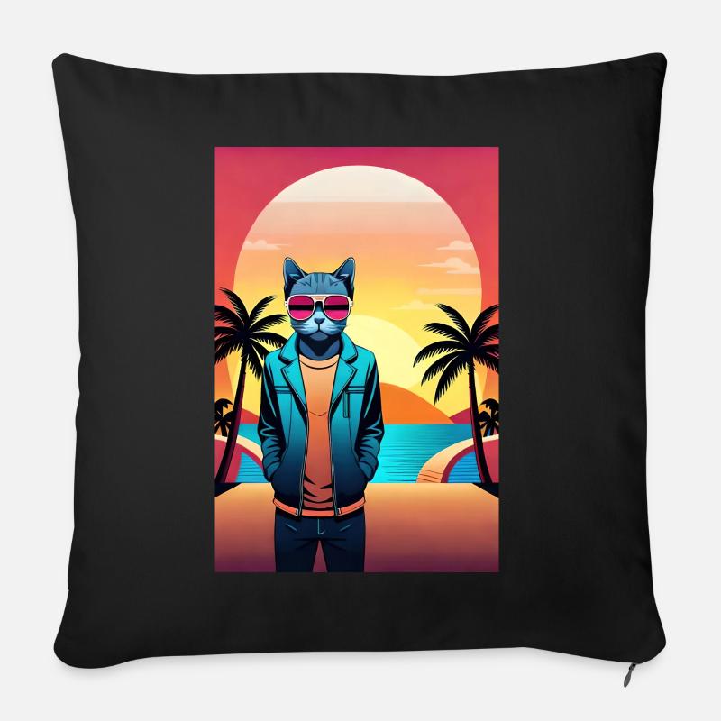 Synthwave Cat - Coussin et housse de 45 x 45 cm - noir