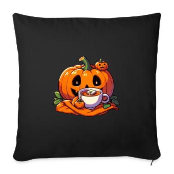 La citrouille d’Halloween boit une tasse de thé - Coussin et housse de 45 x 45 cm - noir - Devant