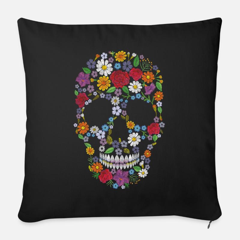 Fleurs de crâne de crâne fleurs - Coussin et housse de 45 x 45 cm - noir