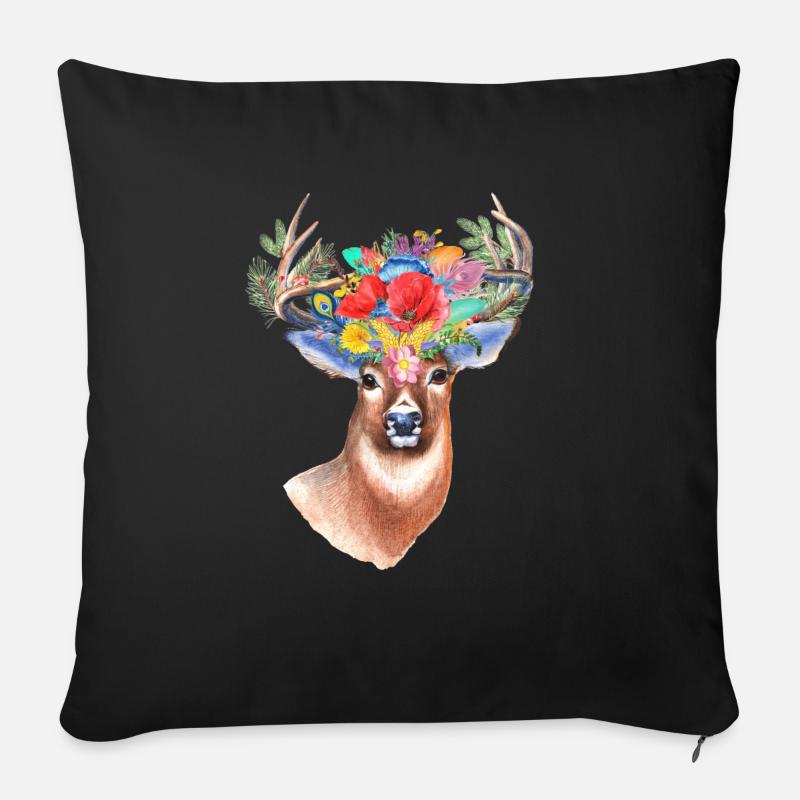 Cerfs communs avec des fleurs - Coussin et housse de 45 x 45 cm - noir
