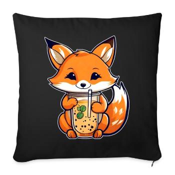 Niedlicher Fuchs mit Bubble Tea - Sofakissen mit Füllung 45 x 45 cm - Schwarz - Vorne