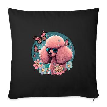 Pink poodle with flowers, butterflies, retro style - Sofa pillow with filling 45cm x 45cm - black - Front