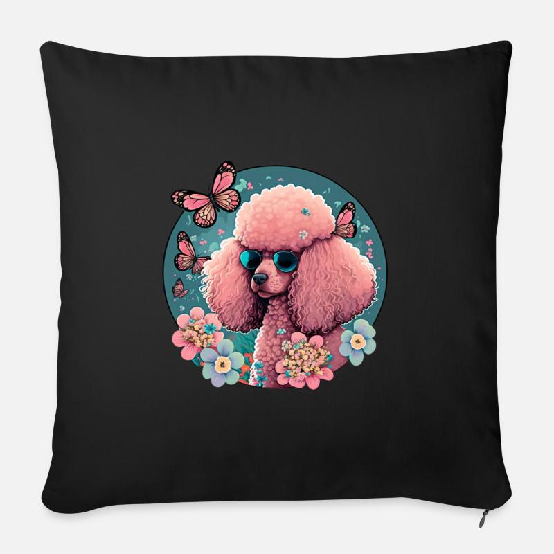 Rosa Pudel mit Blumen, Schmetterlingen, Retro Stil - Sofakissen mit Füllung 45 x 45 cm - Schwarz