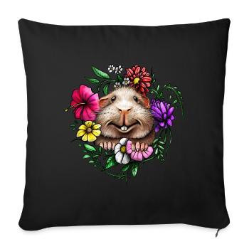 Cochons d’Inde aux cheveux lisses avec des fleurs colorées - Coussin et housse de 45 x 45 cm - noir - Devant